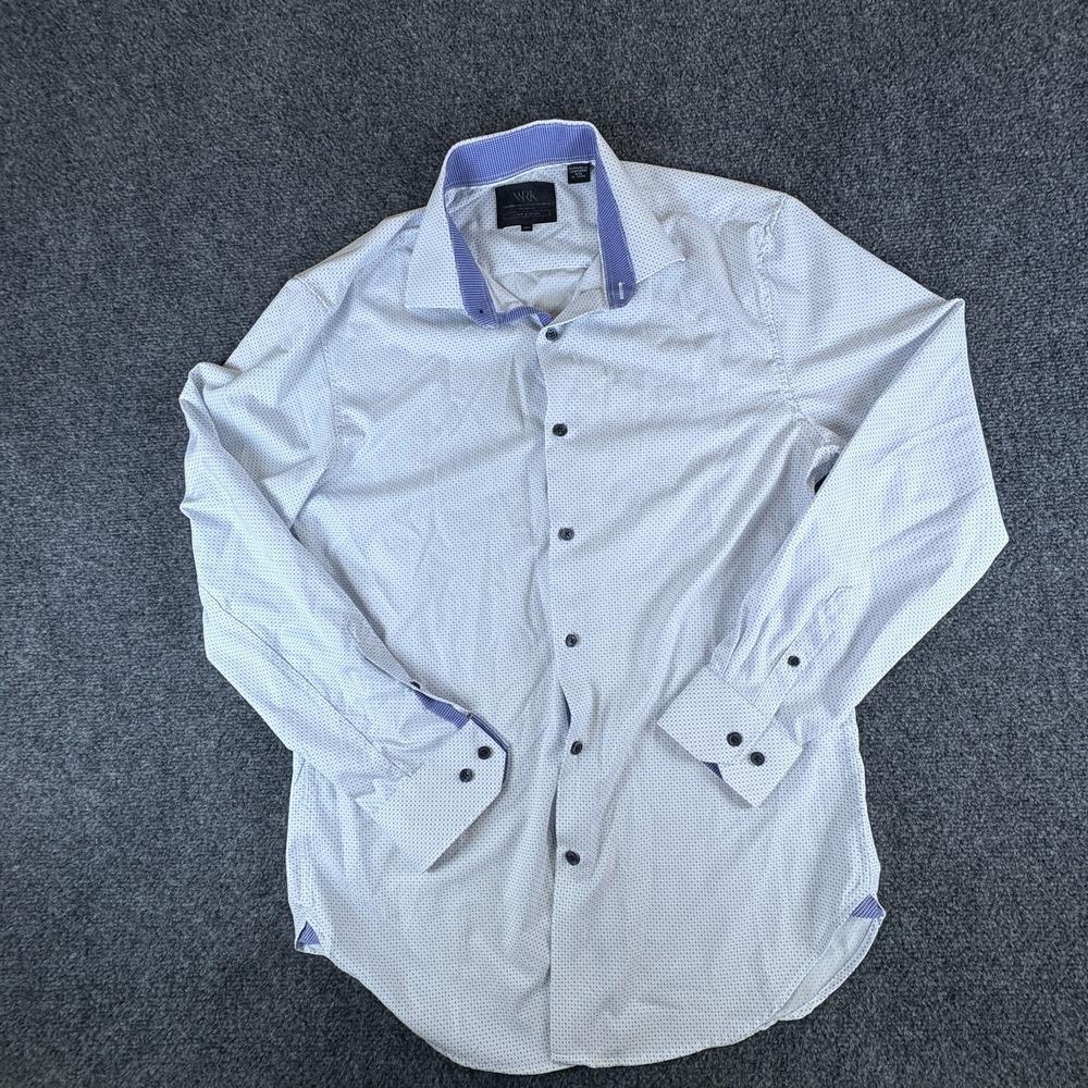 WRK New York Dress Shirt Mens 15.5 White Navy Micro Dot 4 Way Stretch Button Up